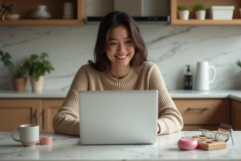 Jeune femme en cuisine compare produits de beauté sur son ordinateur