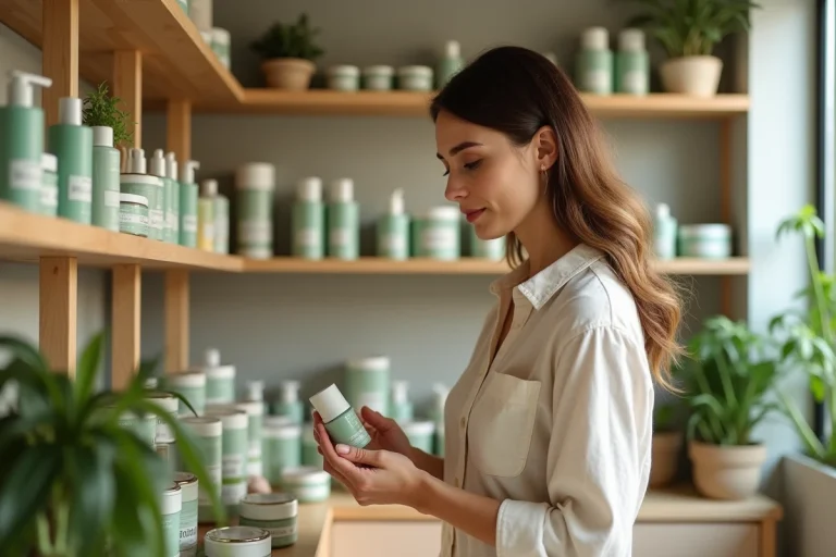 Femme explorant des produits de soin botaniques en boutique beauté, concurrents d'Yves Rocher