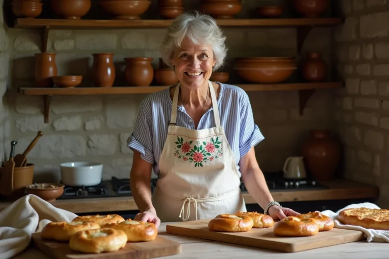 Femme bretonne en cuisine avec kouignamann et galettes