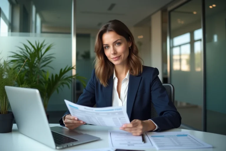 Femme professionnelle en bureau avec rapport salarial RIPEC C1