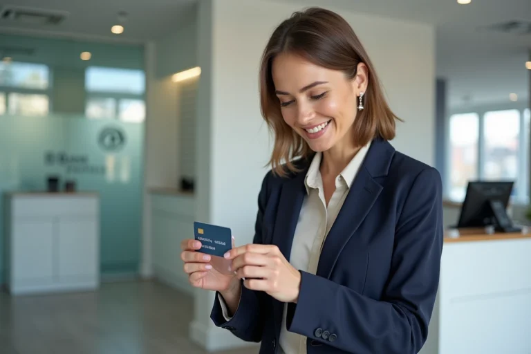 Femme tenant une carte MCD dual sociétaire dans une agence bancaire moderne