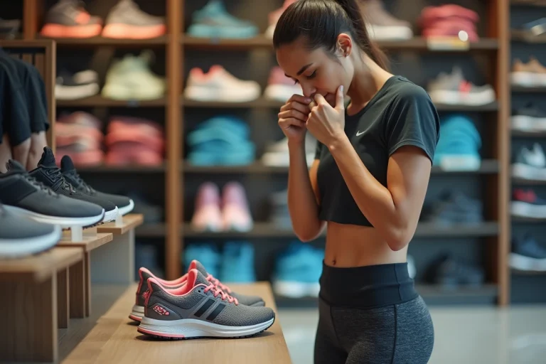 Jeune femme choisissant des chaussures de course modernes