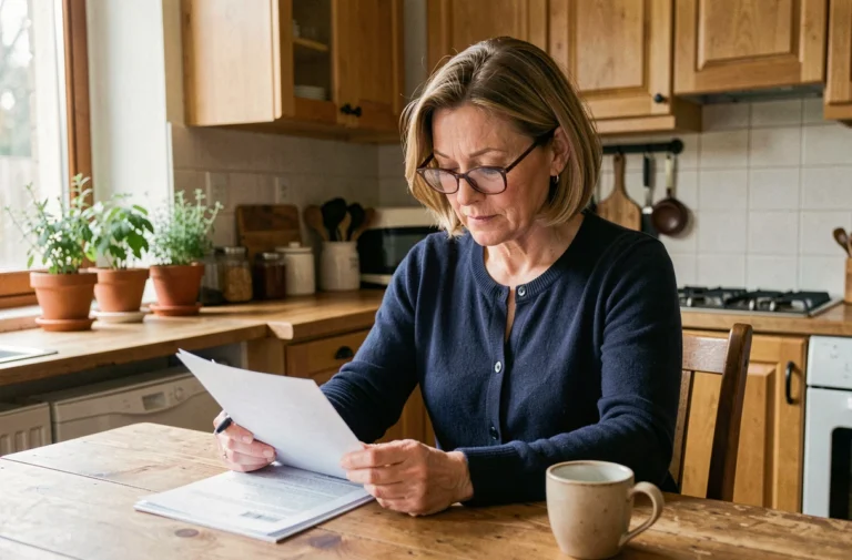 Femme d'une cinquantaine d'années comparant des documents de mutuelle santé à la table de sa cuisine
