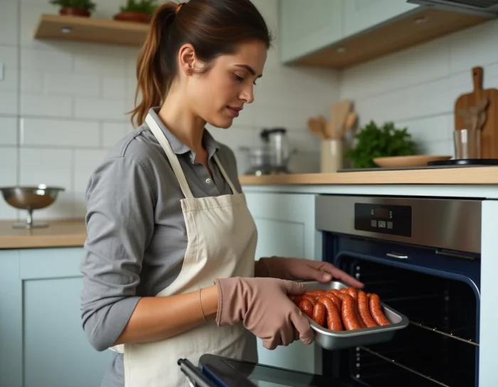 Femme en tablier de lin glissant un plat de merguez crues dans un four moderne, avec des herbes fraîches et de l'huile d'olive sur le plan de travail