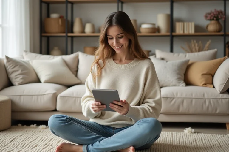 Femme en détente regardant une tablette dans un salon moderne
