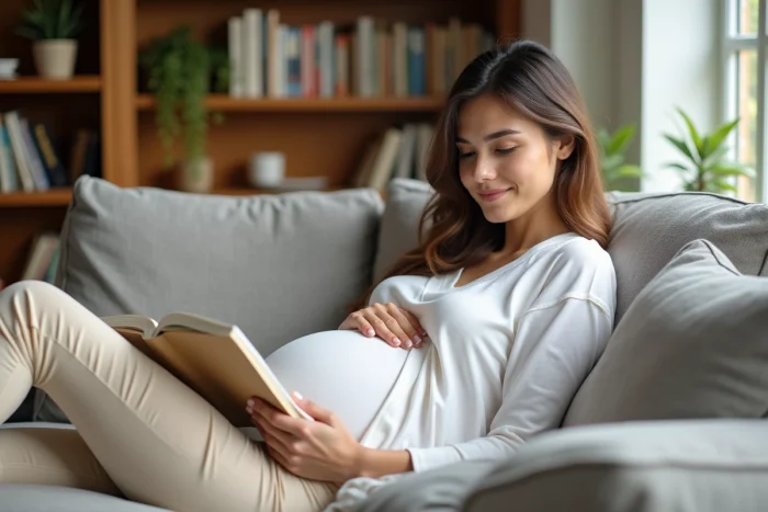 Femme enceinte de huit mois lisant un guide de grossesse allongée sur un canapé dans un salon chaleureux avec bibliothèque en bois