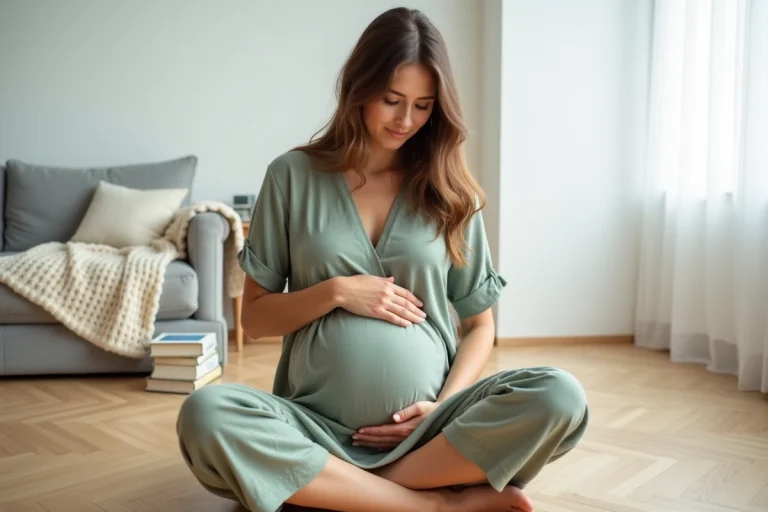 Femme enceinte de sept mois assise sur un parquet en bois, tenant son ventre avec sérénité dans un salon scandinave lumineux