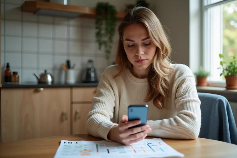 Femme dans la cuisine vérifiant une application de grossesse