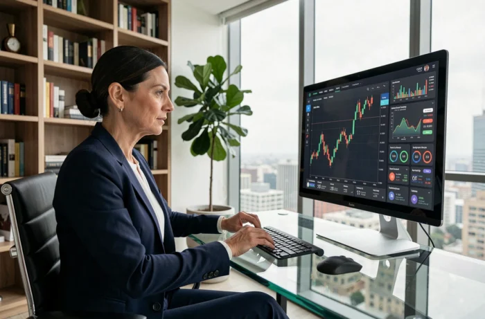 Femme professionnelle gérant son patrimoine et ses investissements via un tableau de bord digital dans un bureau moderne