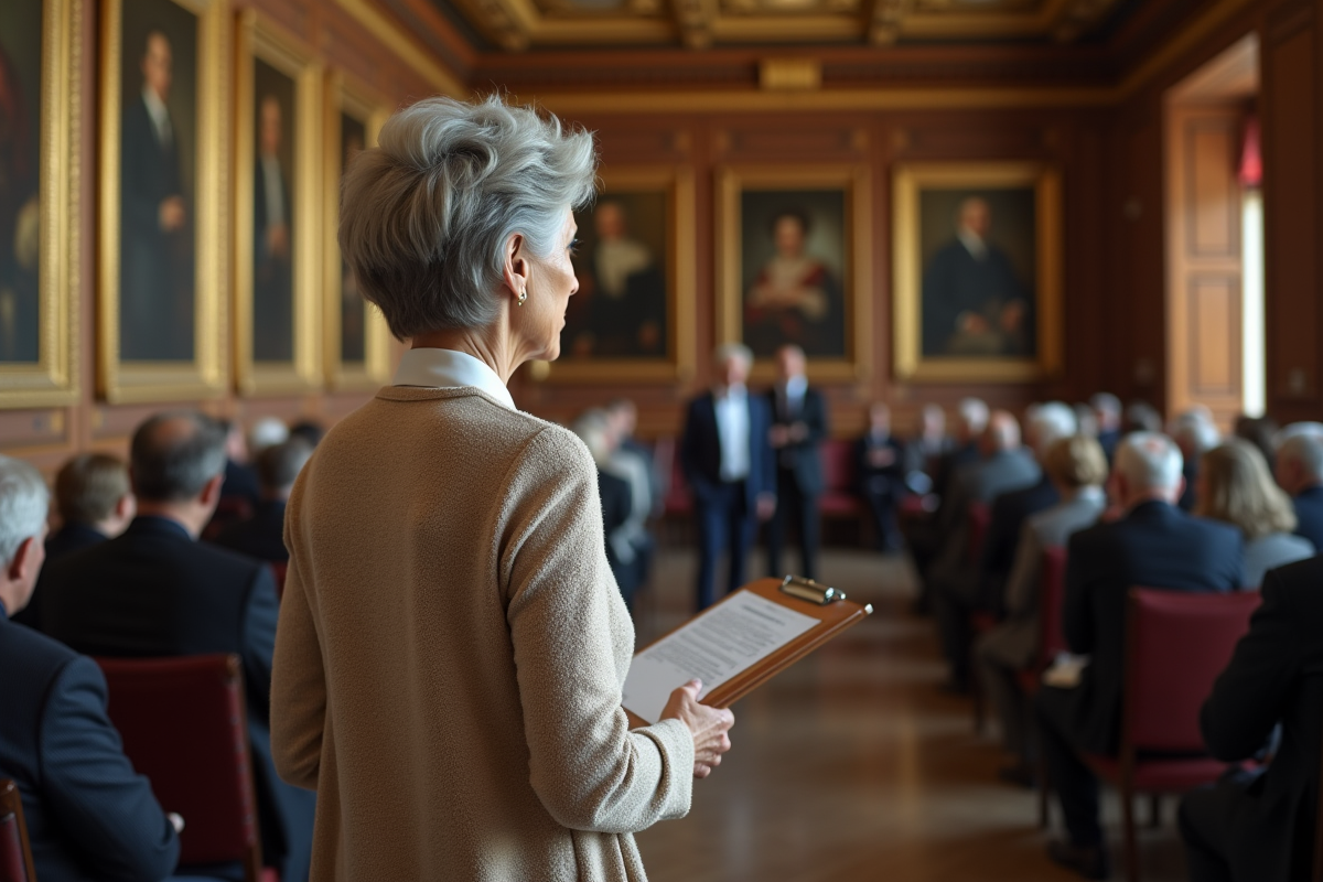 Femme plus âgée observant une réunion dans une salle élégante