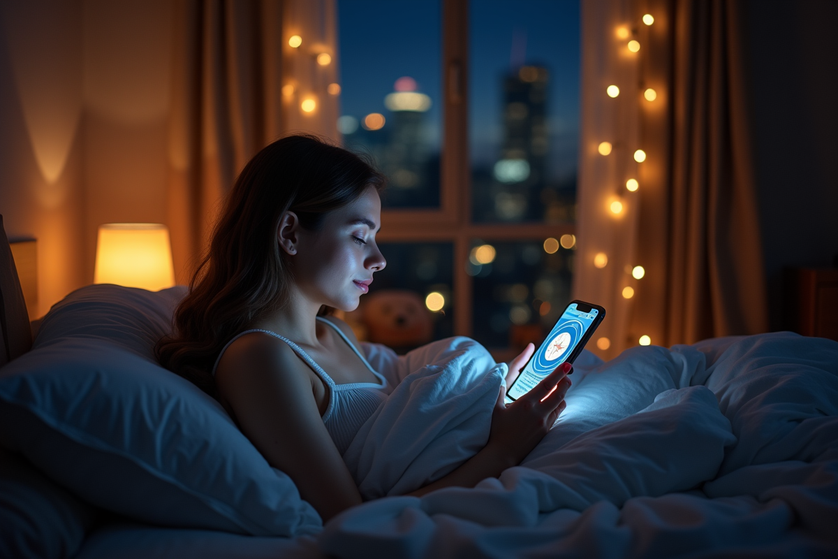 Femme lisant son horoscope sur son téléphone dans sa chambre la nuit