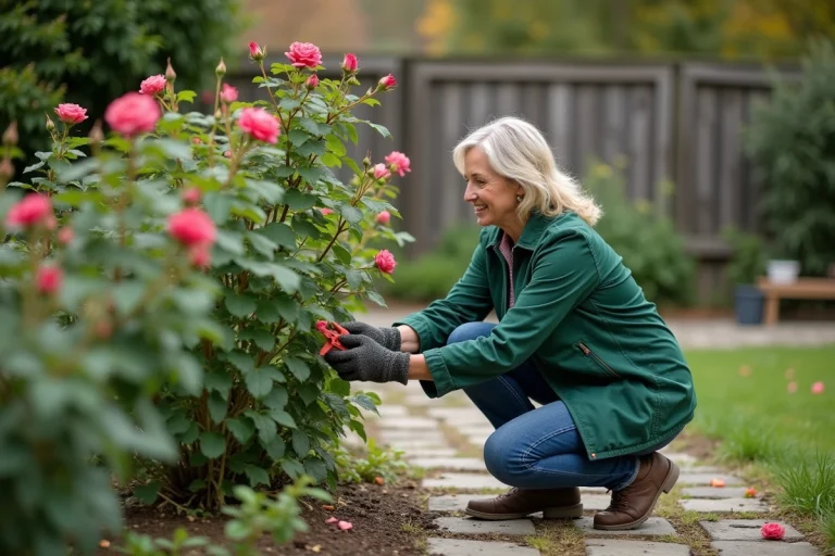 Femme en jardinage taillant un rosier dans le jardin