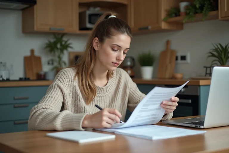 Jeune femme lisant des documents d'assurance logement