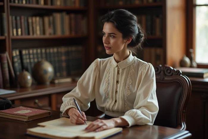 Femme française assise à un bureau ancien en lecture