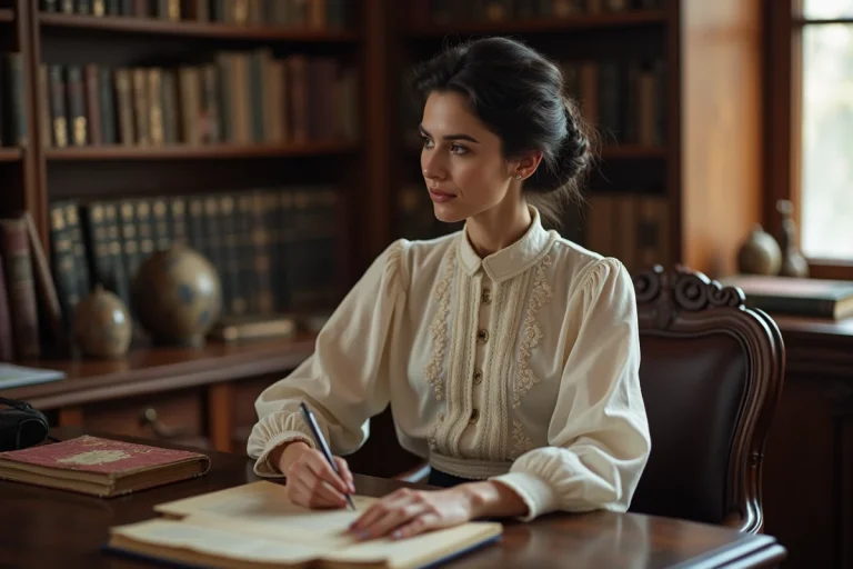 Femme française assise à un bureau ancien en lecture