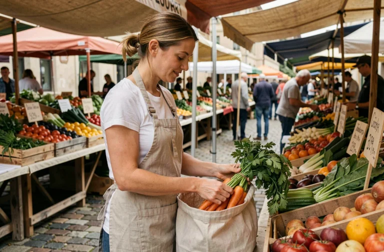Femme triant des légumes frais dans un sac réutilisable sur un marché de producteurs locaux pour un mode de vie durable