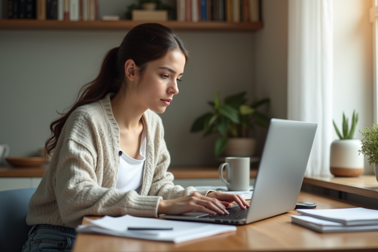 Jeune femme travaille sur son ordinateur dans une cuisine moderne