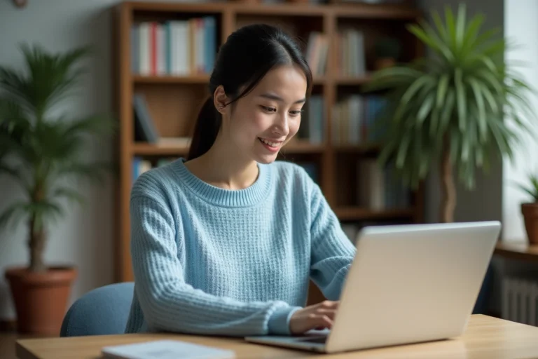 Jeune femme en pull bleu utilisant un ordinateur portable à la maison