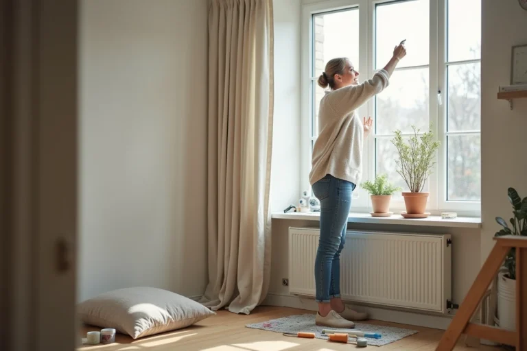 Femme peignant un cadre de fenêtre dans un salon lumineux