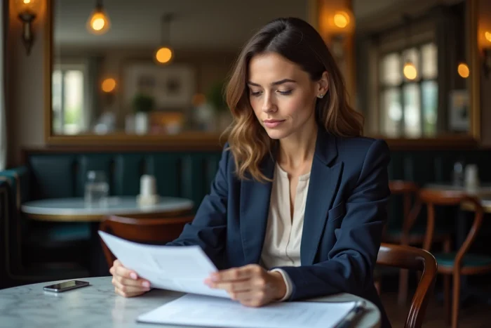 Femme professionnelle dans un café parisien classique, consultant des documents, symbole de vie publique et convictions personnelles