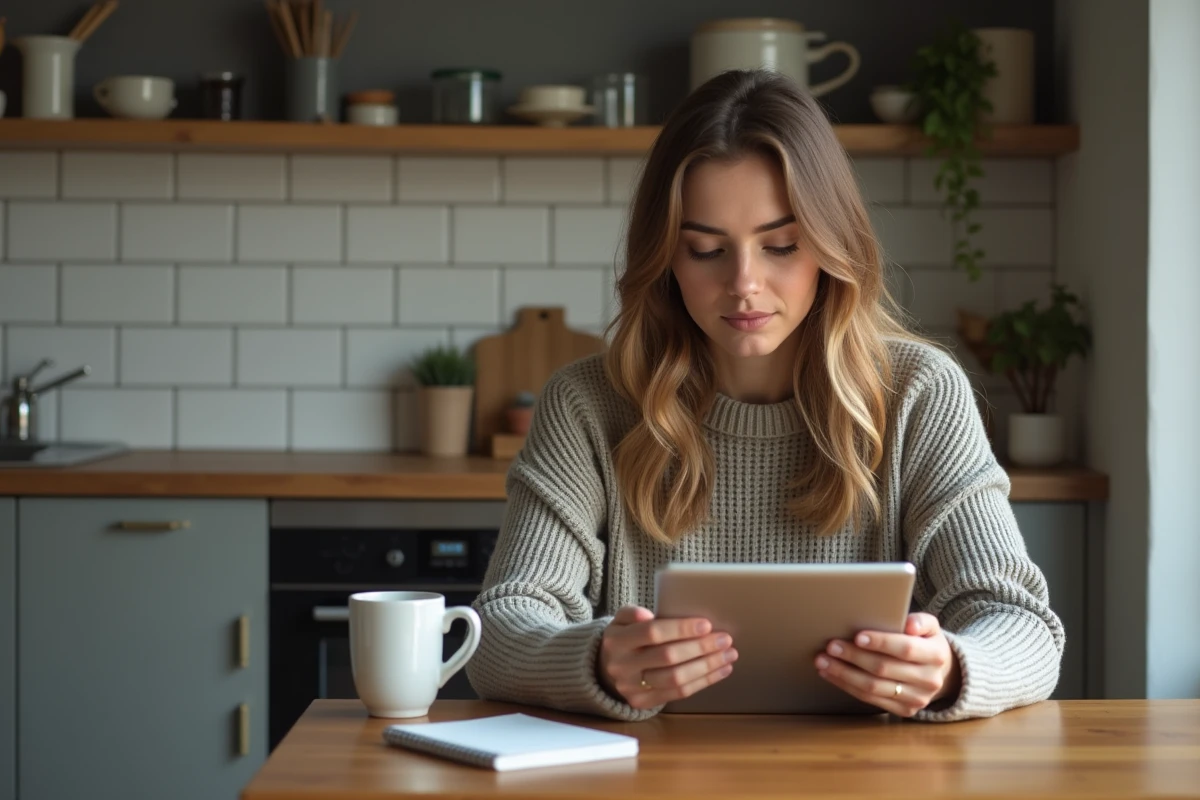 Femme cherchant des astuces de streaming sportif à la maison