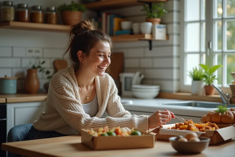 Femme souriante découvrant un repas français à la maison