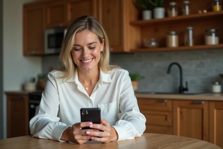 Femme souriante utilisant son smartphone dans une cuisine chaleureuse