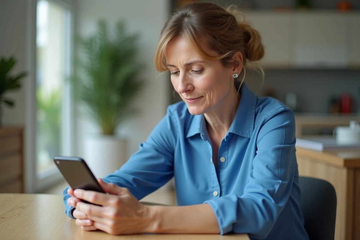 Femme regardant son smartphone avec notification Bouygues
