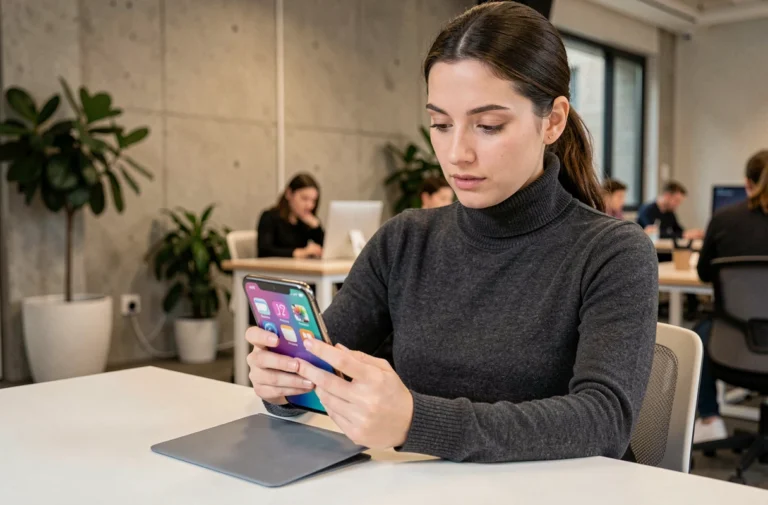Femme utilisant un smartphone pliable dans un bureau moderne, illustrant les tendances high-tech 2024