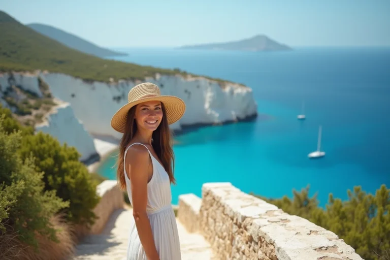 Jeune femme souriante en robe d'été sur la côte de Zakynthos