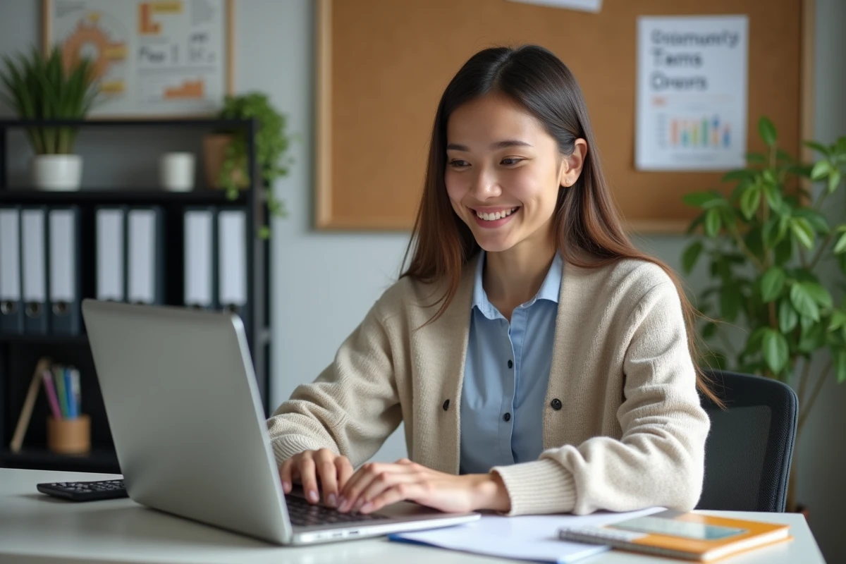 Jeune femme souriante travaillant sur un ordinateur dans un bureau