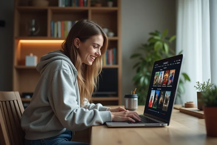Jeune femme au travail à domicile avec ordinateur portable