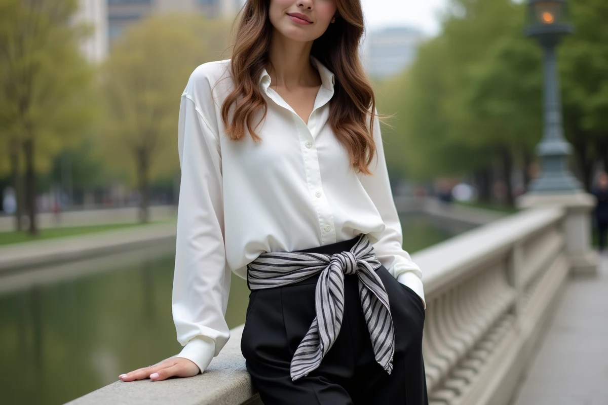 Femme urbaine portant un foulard en ceinture avec sourire naturel