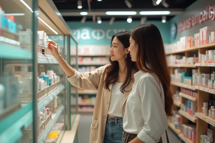 Deux femmes comparant des produits de soin biologiques de marques concurrentes en pharmacie urbaine