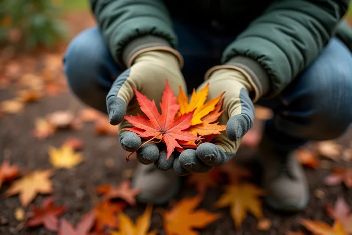 Mains de jardinier tenant des feuilles mortes d'érable du Japon ramassées au sol en automne