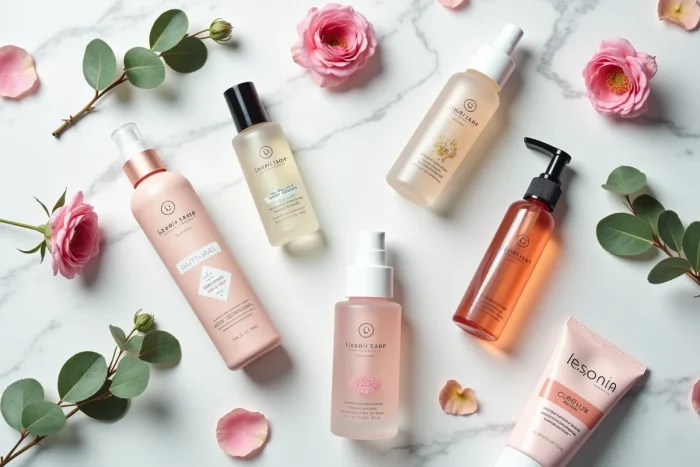 Flat lay de produits cosmétiques naturels de marques concurrentes d'Yves Rocher sur marbre blanc