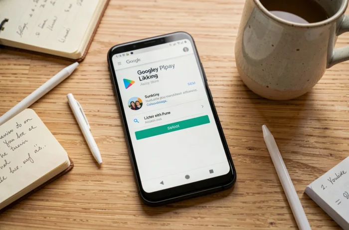 Vue de dessus d'un smartphone affichant la confirmation de liaison au compte Google Play Store sur une table en bois