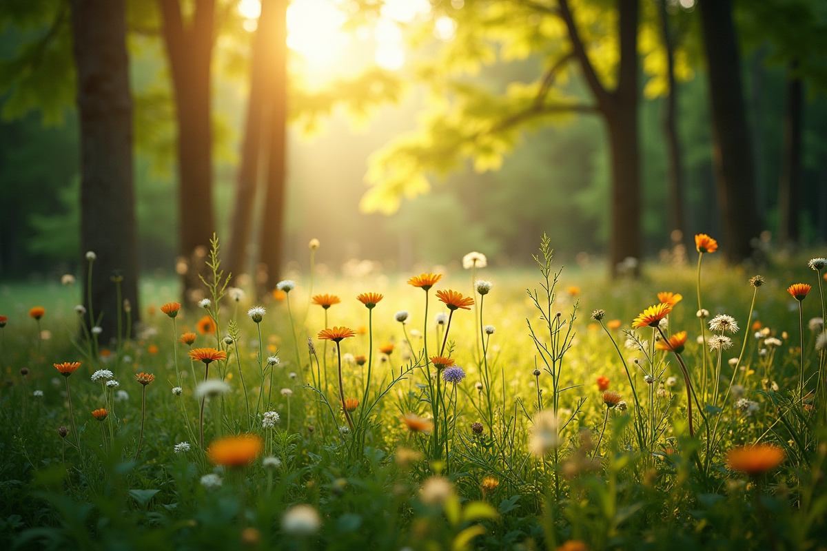 Forêt ensoleillée avec fleurs sauvages et hautes herbes
