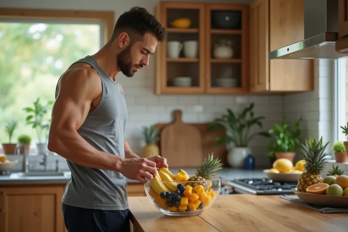 Athlète masculin préparant un assortiment de fruits frais pour la prise de masse musculaire dans une cuisine moderne