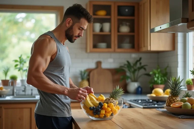 Athlète masculin préparant un assortiment de fruits frais pour la prise de masse musculaire dans une cuisine moderne