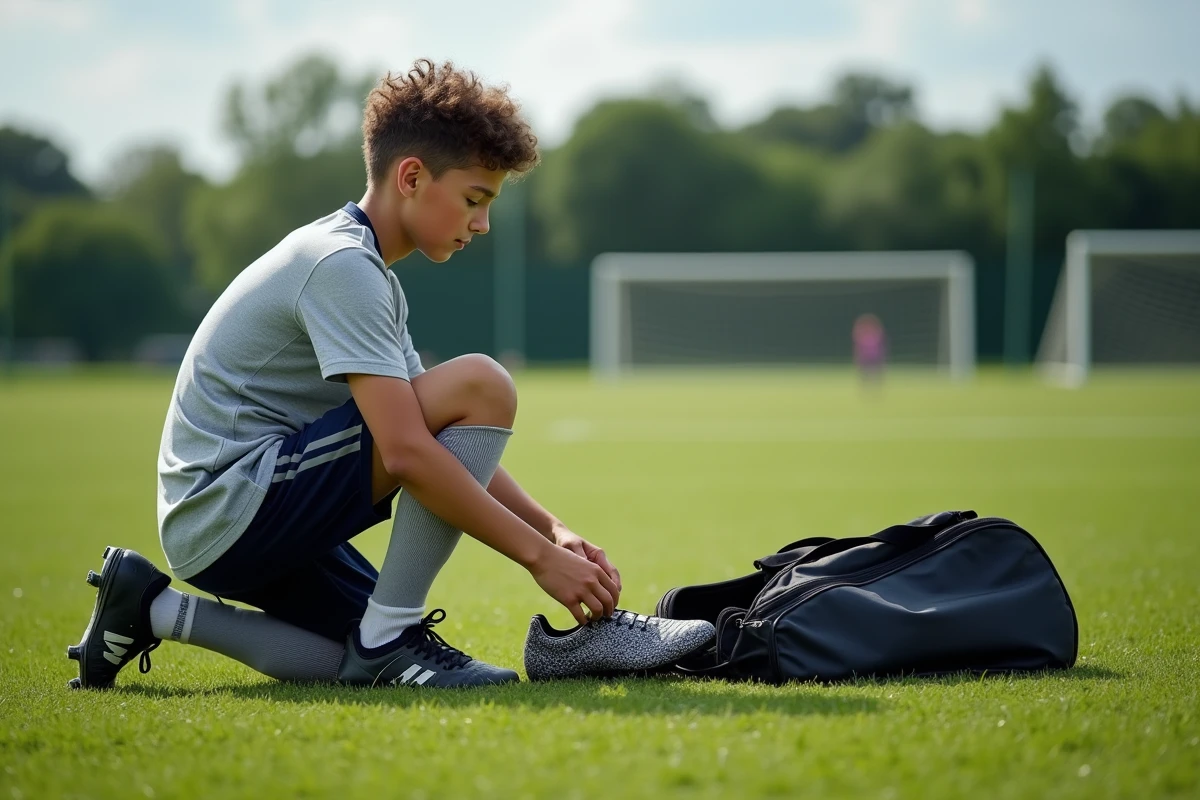 Adolescent vérifiant ses chaussures de football sur le terrain