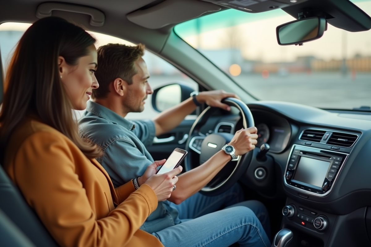 Groupe de conducteurs utilisant leurs smartphones dans un parking urbain