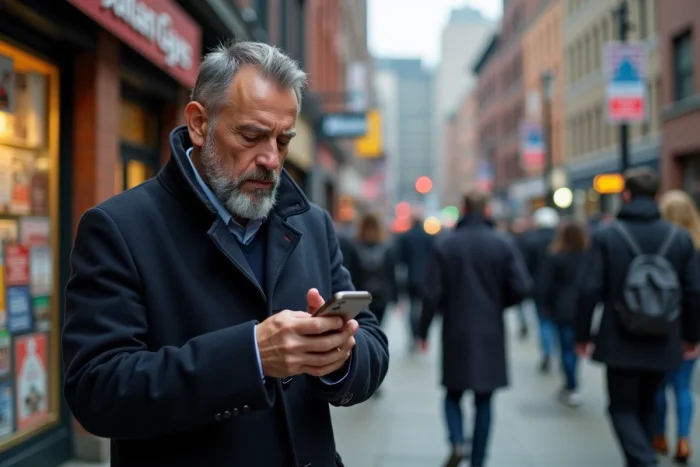 Homme lisant les actualités en temps réel sur son smartphone dans une rue animée de la ville