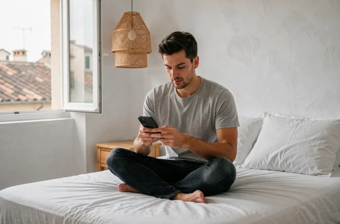 Homme consultant une application de réservation d'hébergement sur son smartphone dans un appartement de location de voyage