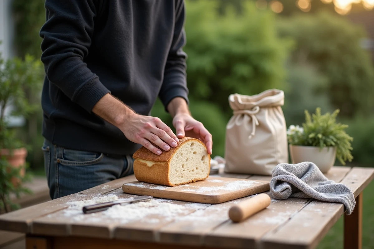 Jeune homme inspectant pain dans un jardin en plein air