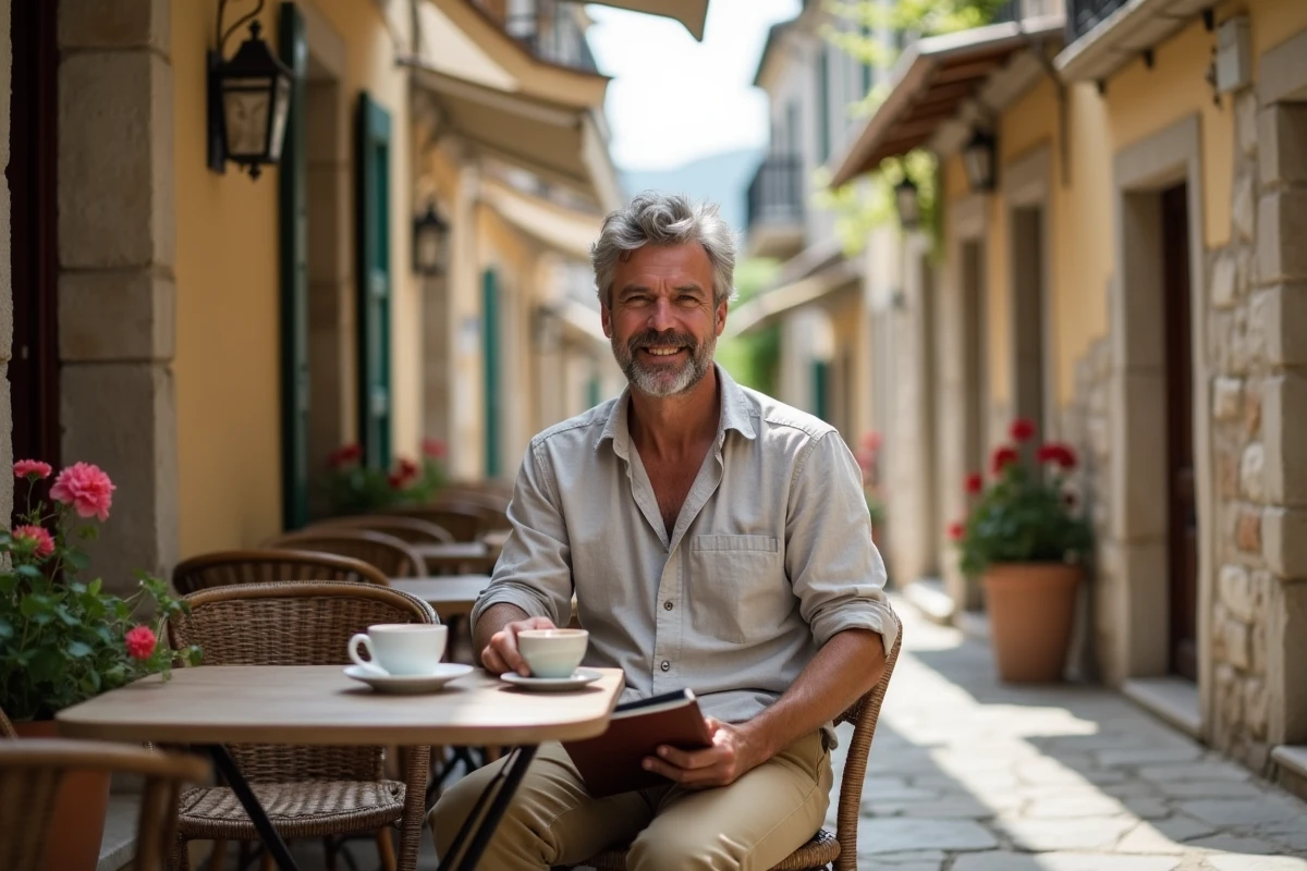 Homme détendu dans un café de Corfu avec guide et café
