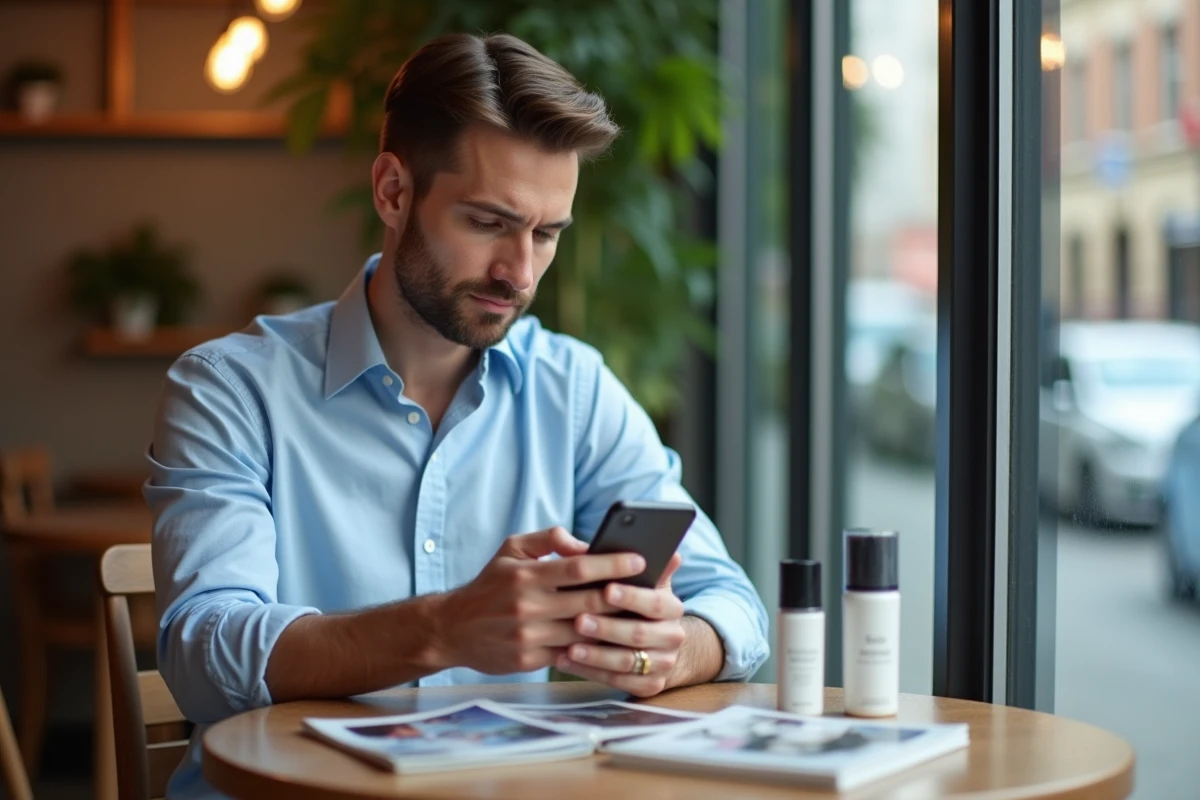 Homme en café regarde son smartphone avec magazines beauté sur la table