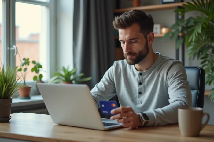 Homme consultant les avantages de sa carte MCD dual sociétaire sur son ordinateur portable à domicile