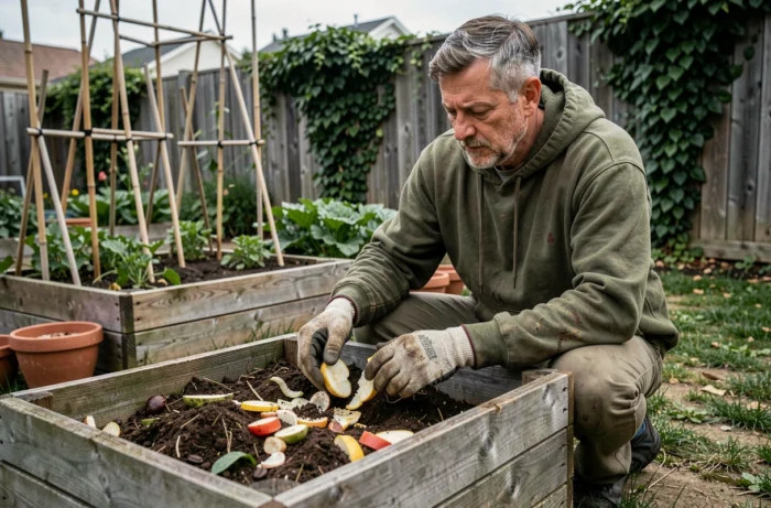 Homme ajoutant des déchets organiques dans un composteur en bois dans son jardin pour adopter un mode de vie responsable