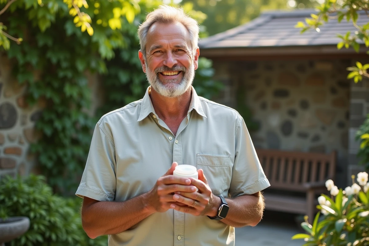 Homme souriant tenant un pot de creme visage dans un jardin